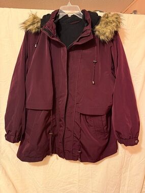 Women's Burgundy Parka Jacket with Faux Fur Hood